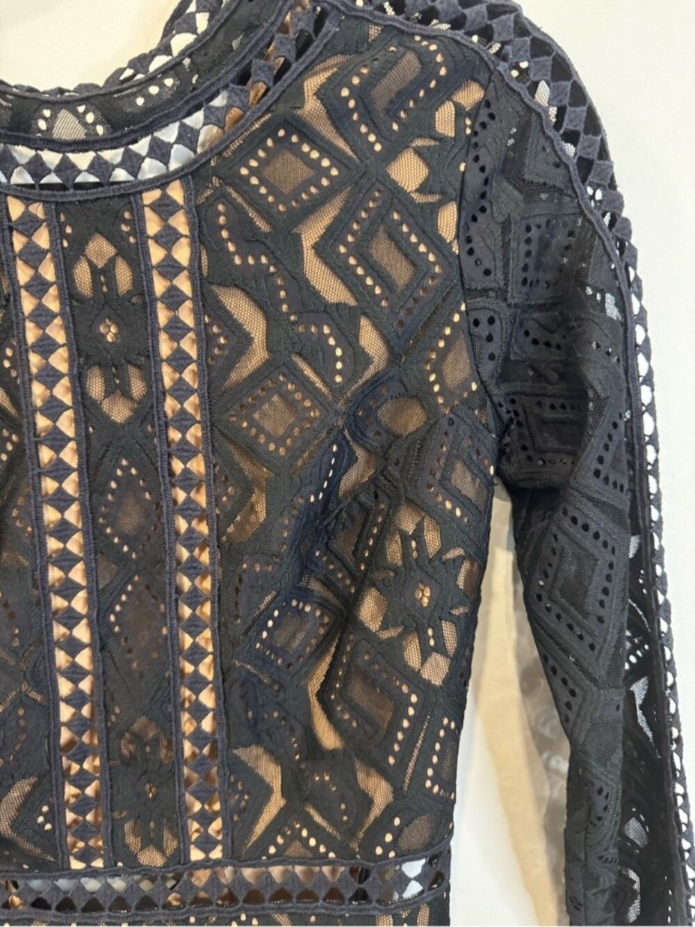 For Love & Lemons Black Lace Mini Dress XS Nude Illusion Long Sleeve 0813 - Picture 4 of 11